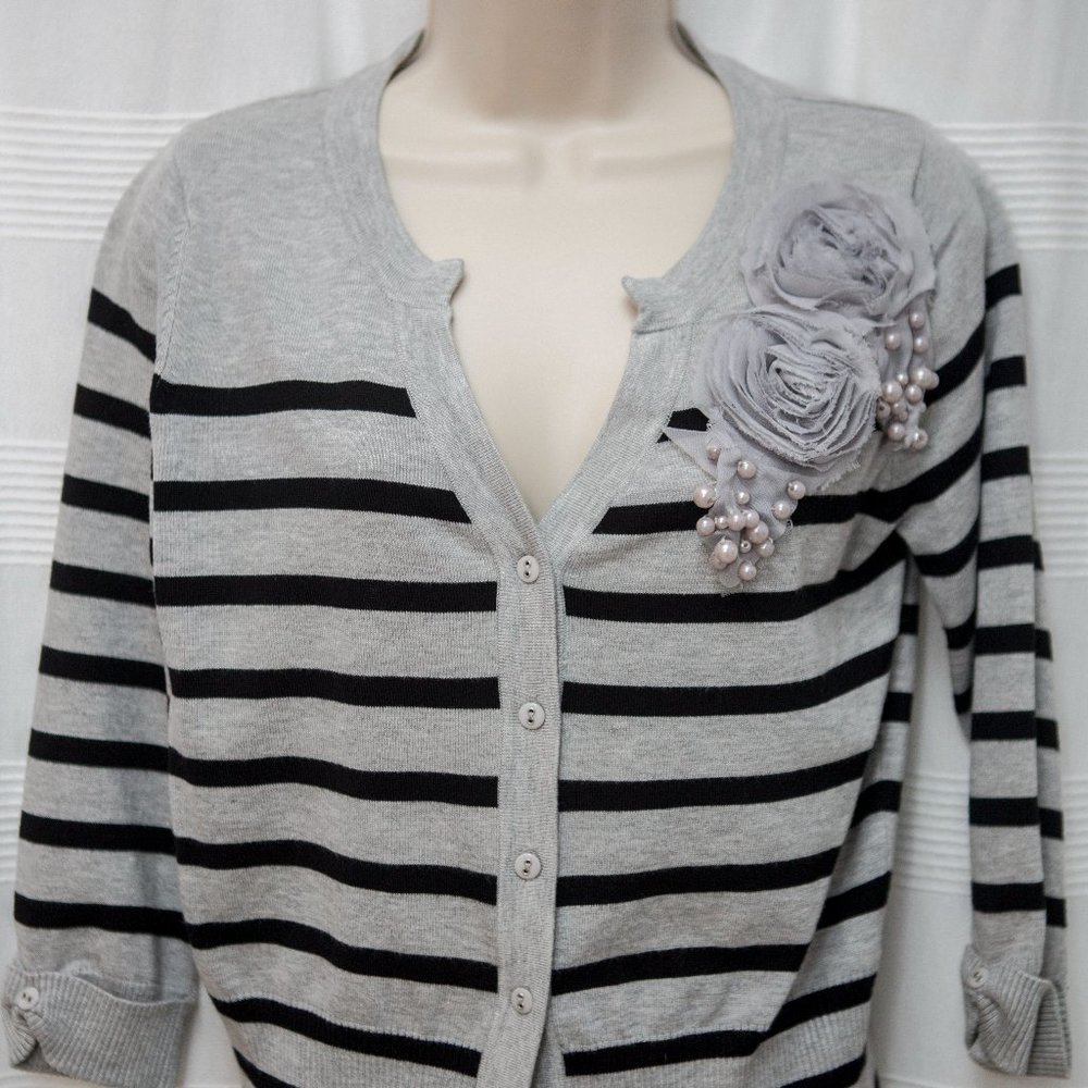 Gray/Black Striped Petite Cardigan with Rosettes